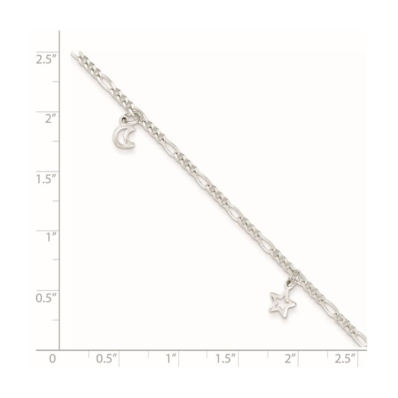 925 Sterling Silver Polished Star Charm and Moon 9" + 1" Ext. Jewelry Anklet - Picture 4 of 9